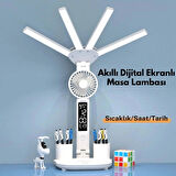 TechTic 8in1 Fanlı Masa Lambası 4 Başlı Lamba Saat Takvim Derece Kalemlik Telefon Tutucu Fan Lamba