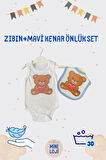 Ayıcık Desenli Bebek Zıbın ve Önlük Seti - Mavi Kenarlı & Pamuklu/Paraşüt Kumaş (0-36 Ay)