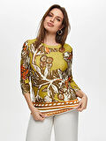 Eteği Sulu Çiçek Desen Yuvarlak Yaka 3/4 Kol T-Shirt S25TSH097