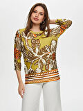 Eteği Sulu Çiçek Desen Yuvarlak Yaka 3/4 Kol T-Shirt S25TSH097