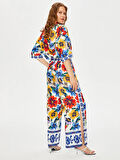 Resort Çiçek Desen Paçası Yırtmaçlı Wide Leg Fit Viskon Pantolon S25PNT045