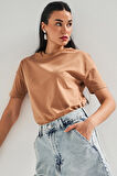 Kadın Kahverengi  S5-16  Bisiklet Yaka %100 Pamuklu Basic T-Shirt