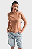 Kadın Kahverengi  S5-16  Bisiklet Yaka %100 Pamuklu Basic T-Shirt