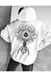 Unisex Beyaz Triangle Tree Basklı Oversize Kapüşonlu Sweatshirt