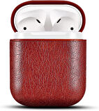 Apple Airpods 1/2 ile uyumlu Deri Kılıf - (Lal Kırmızı)
