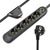 Akım Korumalı Grup Priz, 5 li Priz,1.5 Metre Kablolu, 3 Usb li 3000w, 16 Amper, Kablo Üstünde Termal Koruma Sigortalı, Çocuk Korumalı, Topraklı (SIYAH-5)