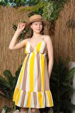 Kadın Renkli Çizgili, Ayarlanır İp Askılı, Fırfır Detaylı Yazlık Kumaş  Elbise KKTS3005