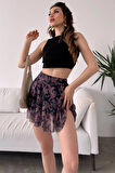 Kadın Çiçek Desenli Krinkıl Kumaş İçi Şortlu Mini Etek DFL4013