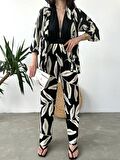 Desenli Kimono Ve Pantolon İkili Takım DFL4019 Siyah Krem