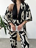 Desenli Kimono Ve Pantolon İkili Takım DFL4019 Siyah Krem