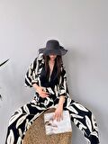 Desenli Kimono Ve Pantolon İkili Takım DFL4019 Siyah Krem
