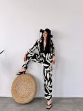 Desenli Kimono Ve Pantolon İkili Takım DFL4019 Siyah Krem