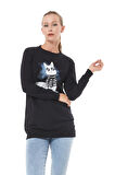 Go Veform Baskılı Sıfır Yaka Kadın Sweatshirt Siyah ZN5005
