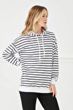 Go Veform Kapüşonlu Çizgili Kadın Sweatshirt Beyaz ZN5027