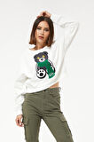 Go Veform Sıfır Yaka Figürlü Kadın Kısa Sweatshirt Ekru ZN5041
