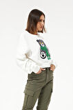 Go Veform Sıfır Yaka Figürlü Kadın Kısa Sweatshirt Ekru ZN5041
