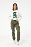 Go Veform Sıfır Yaka Figürlü Kadın Kısa Sweatshirt Ekru ZN5041