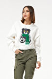 Go Veform Sıfır Yaka Figürlü Kadın Kısa Sweatshirt Ekru ZN5041