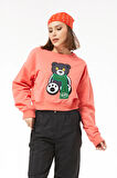 Go Veform Sıfır Yaka Figürlü Kadın Kısa Sweatshirt Mercan ZN5041