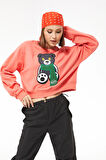 Go Veform Sıfır Yaka Figürlü Kadın Kısa Sweatshirt Mercan ZN5041