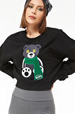 Go Veform Sıfır Yaka Figürlü Kadın Kısa Sweatshirt Siyah ZN5041