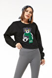 Go Veform Sıfır Yaka Figürlü Kadın Kısa Sweatshirt Siyah ZN5041