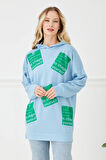 Go Veform Kadın Baskılı Kapüşonlu Oversize Uzun Sweatshirt Açık Mavi ZN5045
