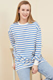 Go Veform Kadın Çizgili Yırtmaç Detaylı İki İp Sweatshirt Mavi ZN5064