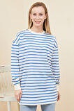 Go Veform Kadın Çizgili Yırtmaç Detaylı İki İp Sweatshirt Mavi ZN5064