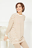 Go Veform Kadın Çizgili Yırtmaç Detaylı İki İp Sweatshirt Sütlü Kahve ZN5064