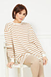 Go Veform Kadın Çizgili Yırtmaç Detaylı İki İp Sweatshirt Sütlü Kahve ZN5064
