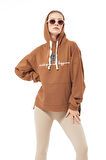 Go Veform Kadın Kanguru Cepli Taşlı Ayıcık Baskılı Kapüşonlu Sweatshirt Açık Kahve ZN5085