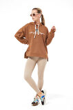 Go Veform Kadın Kanguru Cepli Taşlı Ayıcık Baskılı Kapüşonlu Sweatshirt Açık Kahve ZN5085