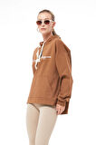 Go Veform Kadın Kanguru Cepli Taşlı Ayıcık Baskılı Kapüşonlu Sweatshirt Açık Kahve ZN5085