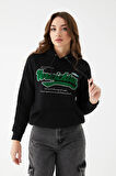 Go Veform Kadın Kanguru Cep Baskılı Üç İp İçi Şardonlu Sweatshirt Siyah ZN5086