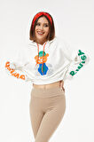 Go Veform Kadın Kapüşonlu Taş Detaylı Ayıcık Baskılı Crop Sweatshirt Ekru ZN5087