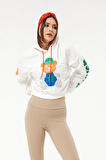 Go Veform Kadın Kapüşonlu Taş Detaylı Ayıcık Baskılı Crop Sweatshirt Ekru ZN5087
