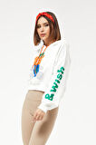 Go Veform Kadın Kapüşonlu Taş Detaylı Ayıcık Baskılı Crop Sweatshirt Ekru ZN5087