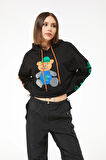 Go Veform Kadın Kapüşonlu Taş Detaylı Ayıcık Baskılı Crop Sweatshirt Siyah ZN5087