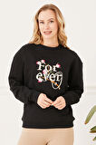 Go Veform Kadın Nakışlı Sıfır Yaka Sweatshirt Siyah ZN5098
