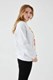 Go Veform Kadın Sıfır Yaka Baskılı Üç İp İçi Şardonlu Sweatshirt Beyaz ZN5110