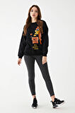 Go Veform Kadın Sıfır Yaka Baskılı Üç İp İçi Şardonlu Sweatshirt Siyah ZN5110