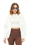 Go Veform Kadın Yarasa Kol Fermuarlı Cepli Kapüşonlu Sweatshirt Ekru ZN5119