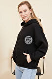Go Veform Kadın Yarasa Kol Fermuarlı Cepli Kapüşonlu Sweatshirt Siyah ZN5119