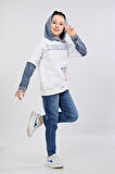 Erkek Çocuk Üç İp Kot Detaylı Şardonlu Kapüşonlu Sweatshirt Beyaz MRN7009