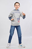 Erkek Çocuk Üç İp Kot Detaylı Şardonlu Kapüşonlu Sweatshirt Gri MRN7009