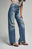 Kadın Kot Rengi 12s5-84 Straight Fit Yüksek Bel Yırtık Detaylı %100 Koton İç Boy 80cm Denim Jean