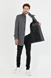 Mero Life Erkek Gri Dar Kesim Dik Yaka Uzun Yün Karışımlı Kaşe Kaban