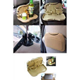 Araç İçi Koltuk Arkası Katlanabilir Bardak Tutuculu Bej Tepsi