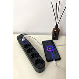 4lü Siyah Anahtarlı 3 Usb Li Akım Korumalı Topraklı Çocuk Korumalı Grup Priz 2 Metre